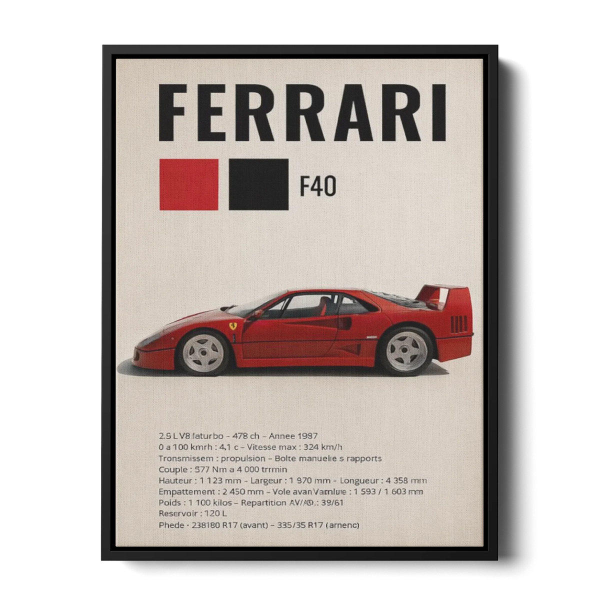 F40 Specs Poster — Canvas Print