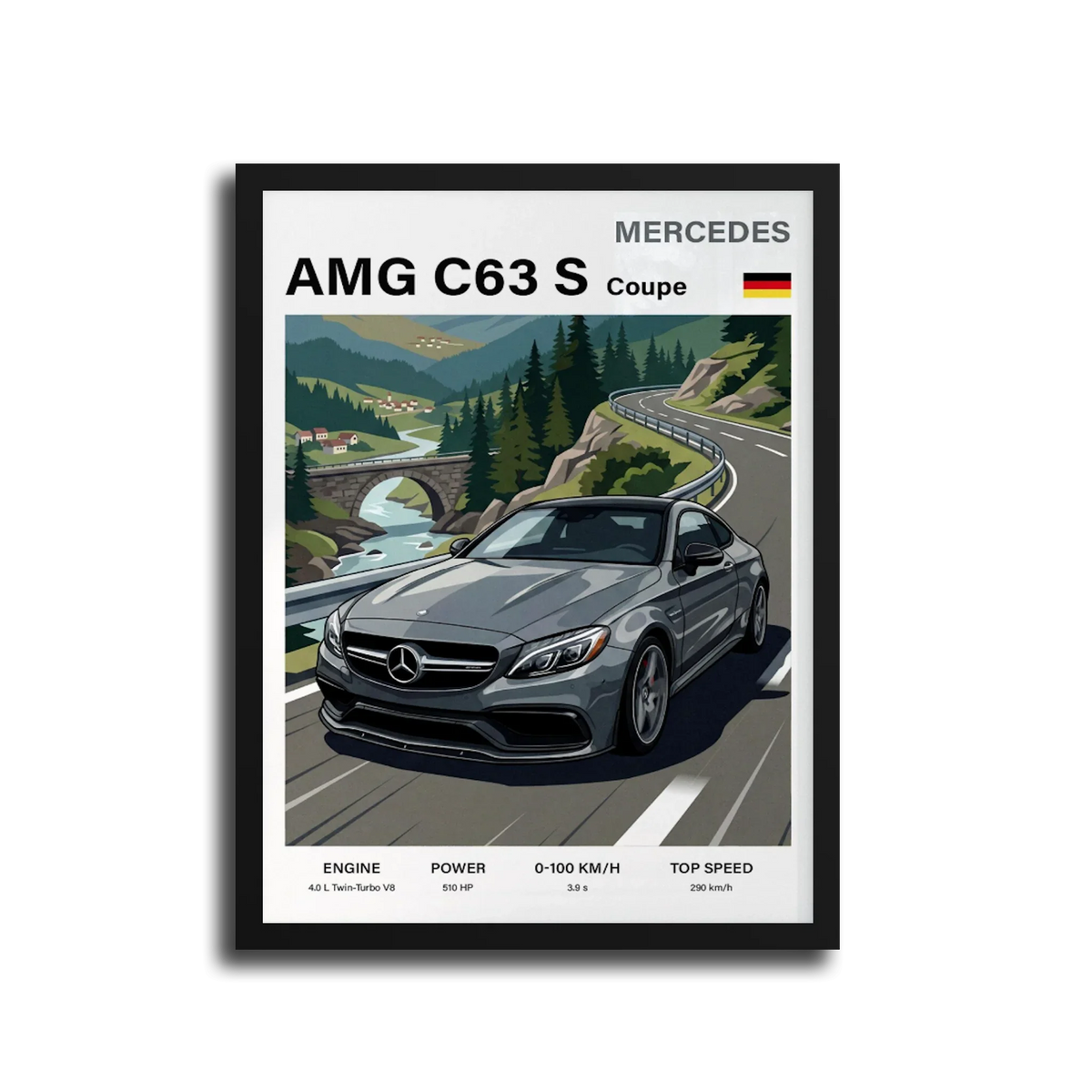C63S Coupe Alpine Poster — Black Frame