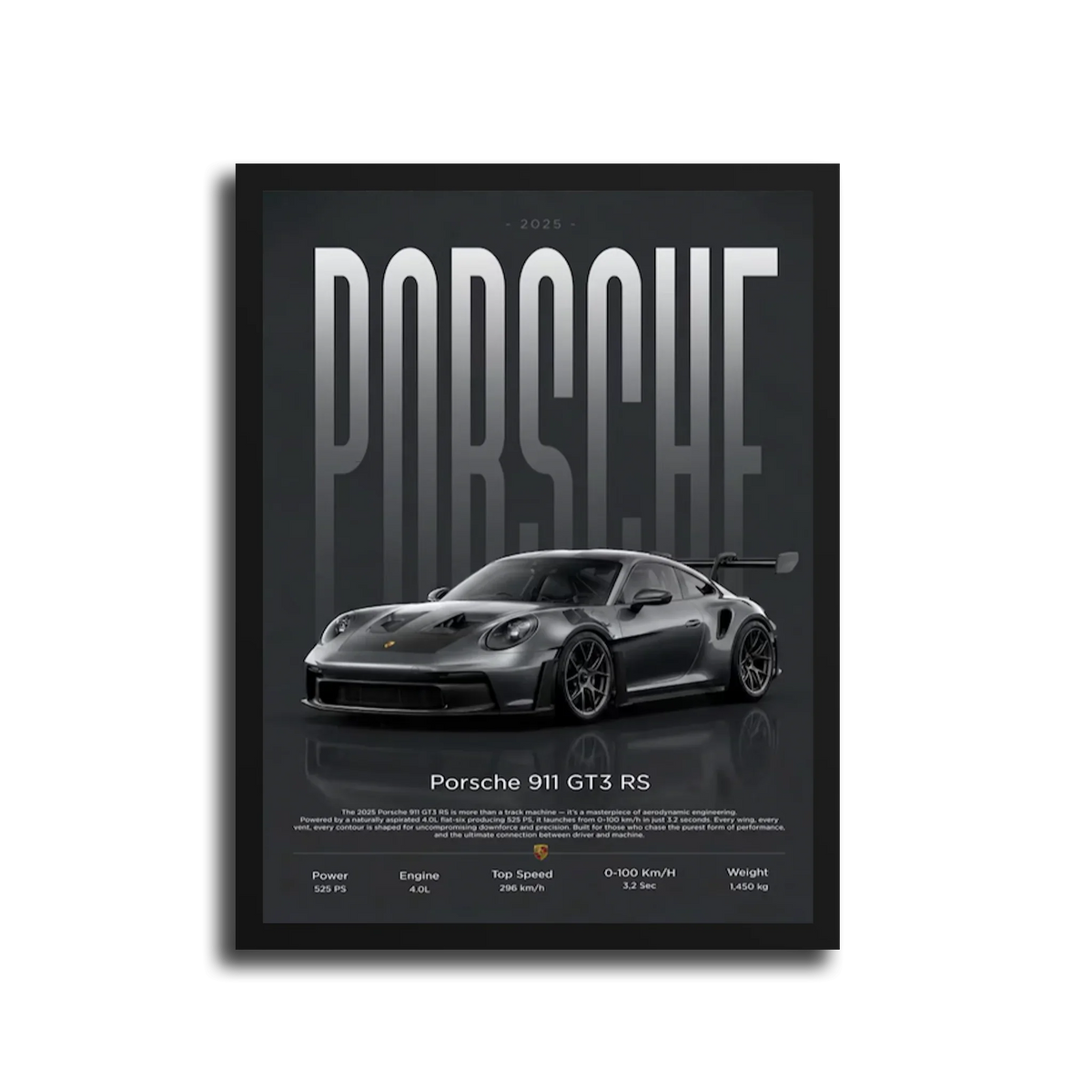 911 Gt3 Rs 2025 Specs Poster — Black Frame