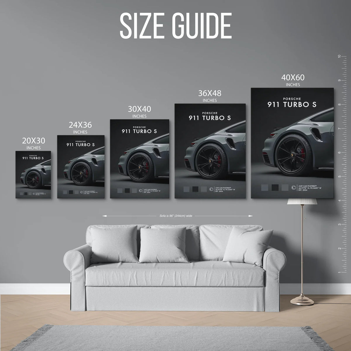 911 Turbo S Grey Poster — Size Guide