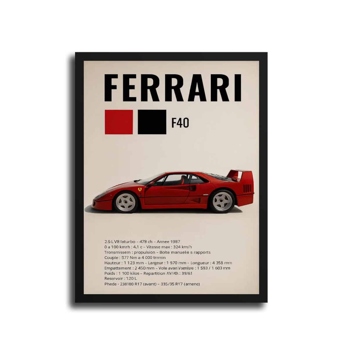 F40 Specs Poster — Black Frame