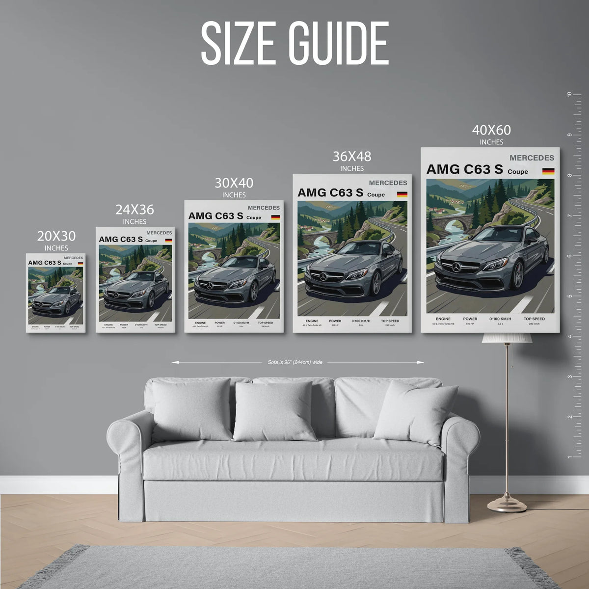 C63S Coupe Alpine Poster — Size Guide