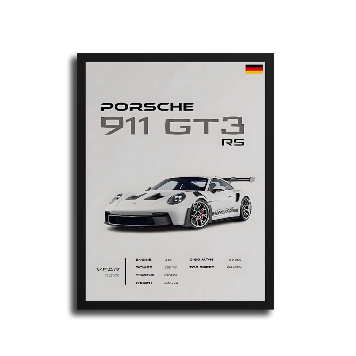911 Gt3 Rs 2022 Specs Poster — Black Frame