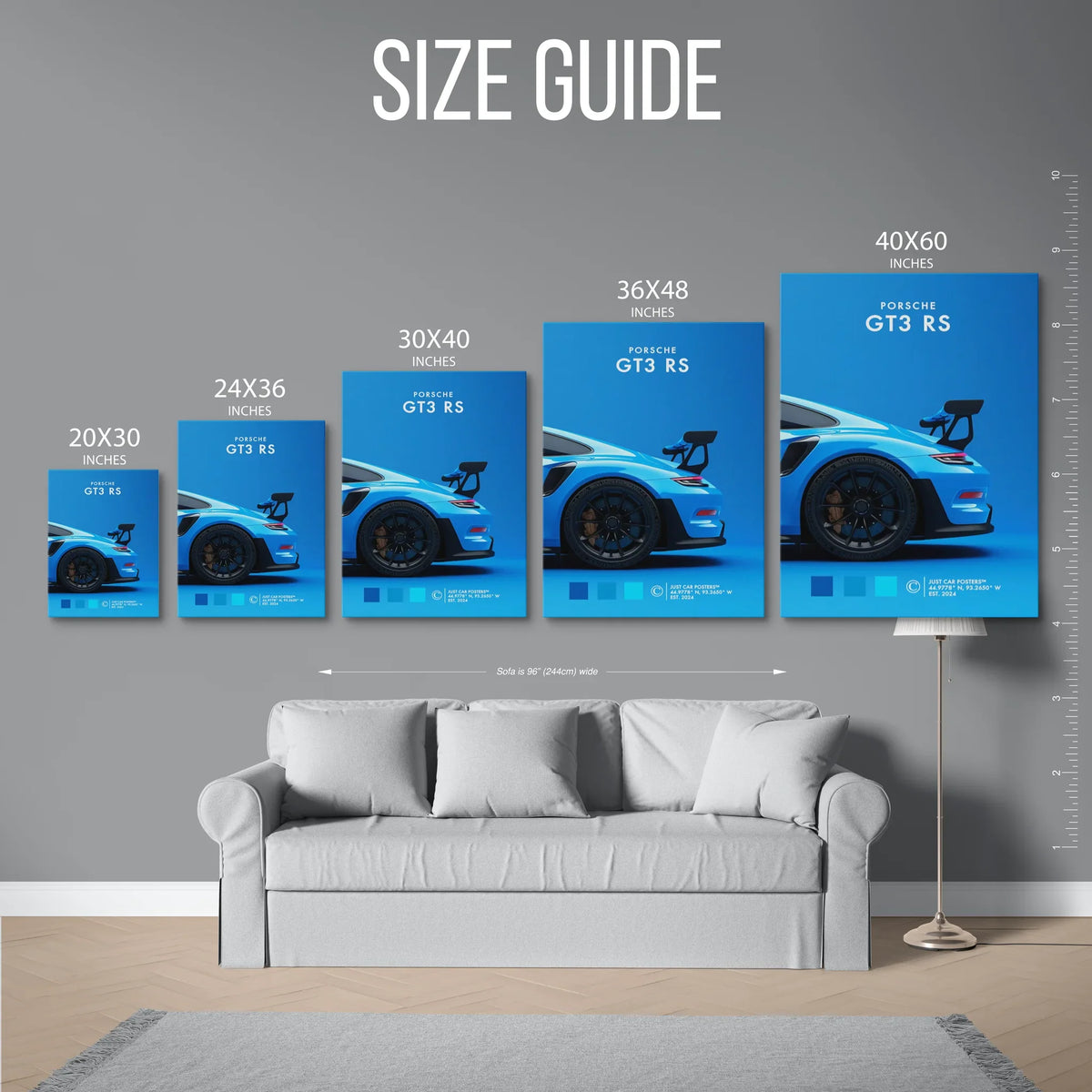 911 Gt3 Rs Blue Poster — Size Guide
