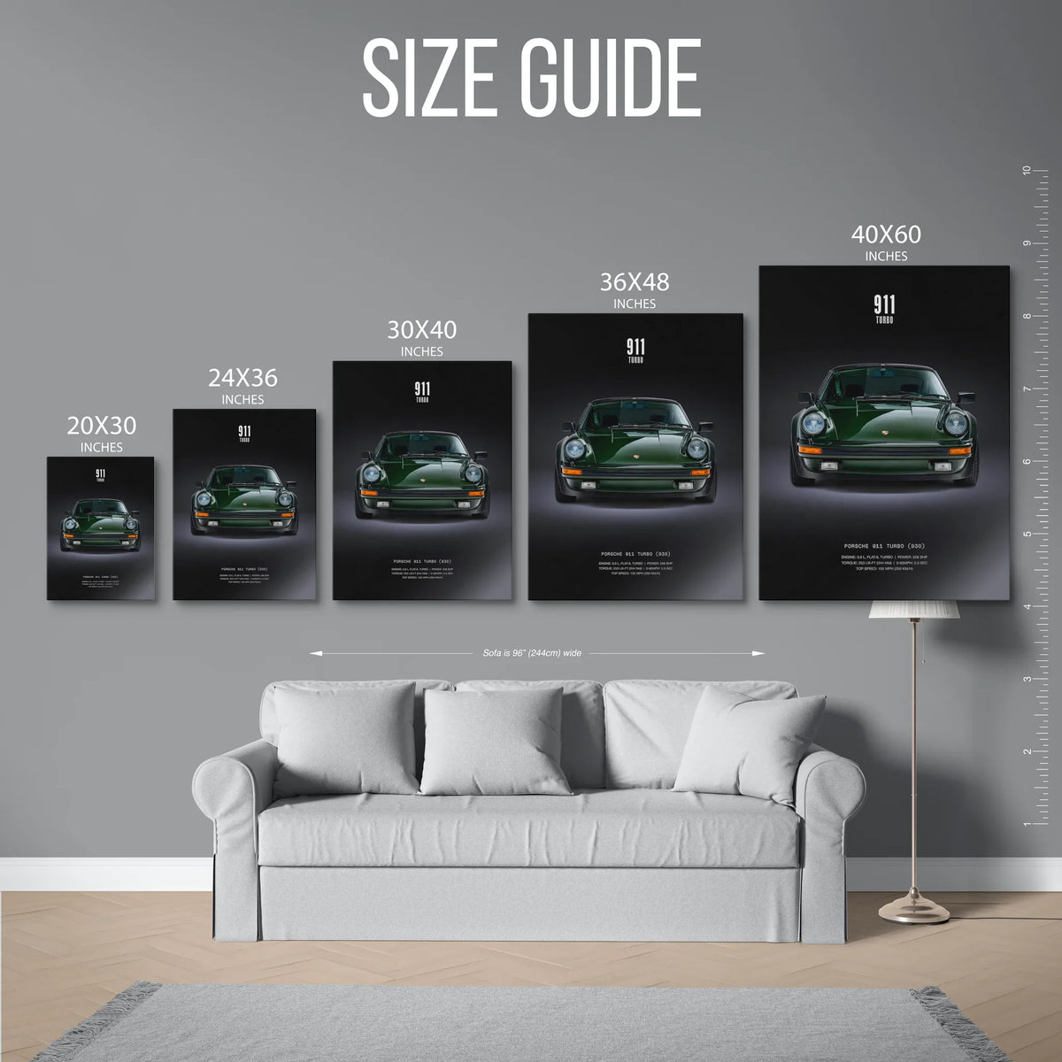 911 Turbo 930 Green Front Poster — Size Guide